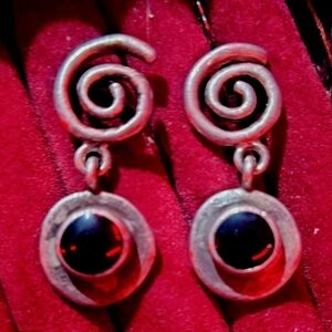 Artisan Spiral Silver Earrings with Black Onyx Stone